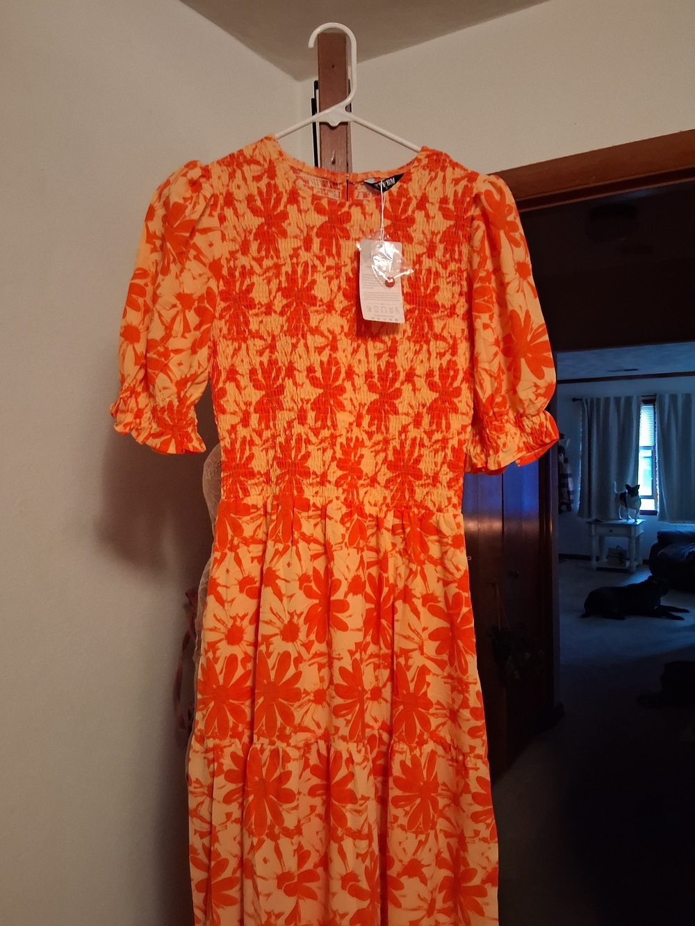 Floral Smocked Midi Dress in Bright Orange